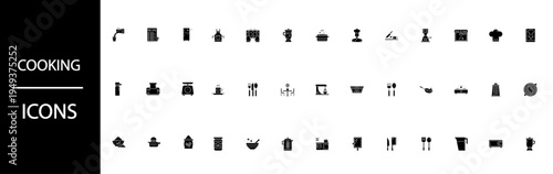 Essential cooking icons display a comprehensive set of black and white
