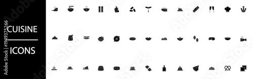 Selection of minimalist black and white cuisine icons 