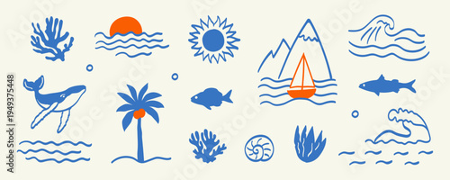 Hand-drawn doodle summer beach, sea vector illustration set. Tropical naive coastal elements, palm trees, a whale, fish, a mountain, corals for t-shirts, posters, summer beach label, placards prints.