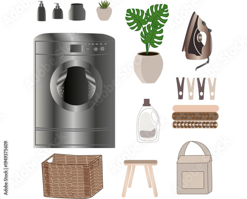 Laundry room objects set with washing machine