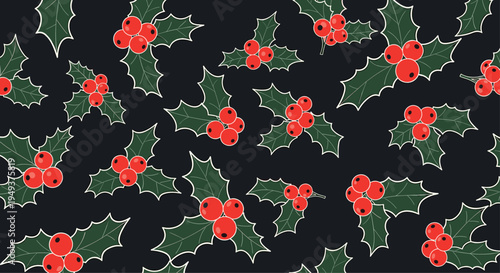 Seamless vector pattern featuring dark green holly leaves and bright red berries on a sophisticated black background for winter.