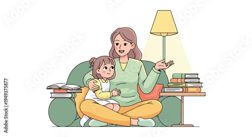 Mother telling a story to her child by lamplight, surrounded by books, cozy atmosphere