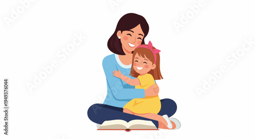 Happy mother and daughter reading a book together, sharing a loving hug and precious bonding moment. Family time, education, and childhood joy.