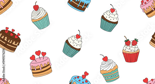 Sweet seamless pattern of decorated cupcakes and layered cakes with cherries and red hearts on a clean white background.