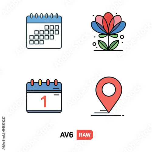 flat design calendar and location pin icons with number one and flower illustration