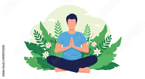 Man practicing peaceful yoga meditation while sitting in a lotus pose surrounded by lush green tropical leaves and flowers.