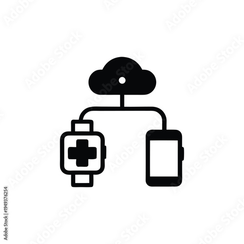 Minimalist Health Watch and Smartphone Icon Connected to Central Cloud Server � Digital Health Data Network