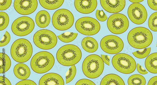 Refreshing seamless pattern featuring green kiwi fruit slices and segments on a bright and cheerful light blue background.