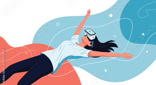 Young woman wearing a VR headset while floating in an abstract dreamlike world with blue and orange fluid shapes and lines.