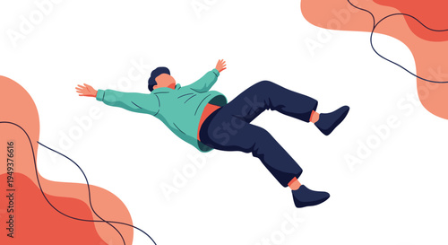 Young man floating or falling through a surreal abstract space with large orange fluid shapes and thin black lines around him.