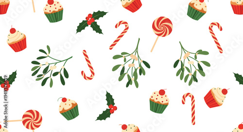 Festive Christmas seamless pattern with sweet holiday cupcakes, striped candy canes, and green mistletoe with white berries.
