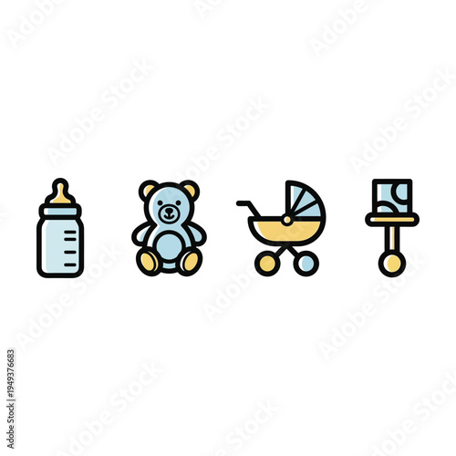 flat design baby essentials set with bottle teddy stroller and pacifier