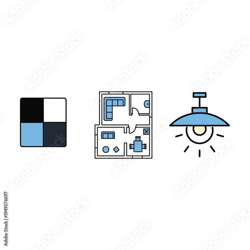 Minimalist home lighting icons set with lamp, switch, and power socket vector illustration