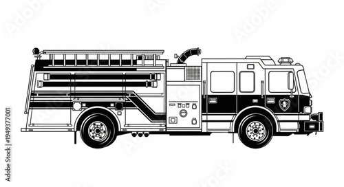 Detailed Black and White Illustration of a Fire Engine Truck.