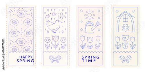 Four decorative spring themed bookmarks with hand drawn illustrations
