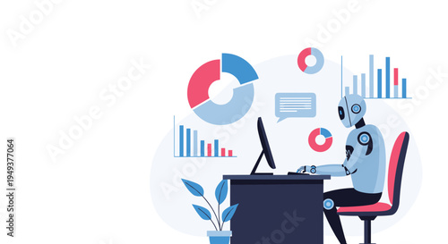 Advanced robot assistant working at a modern office desk with a computer monitor and various colorful data visualizations.