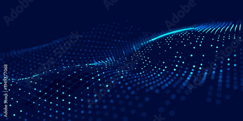 Abstract digital wave composed of connected glowing blue particles