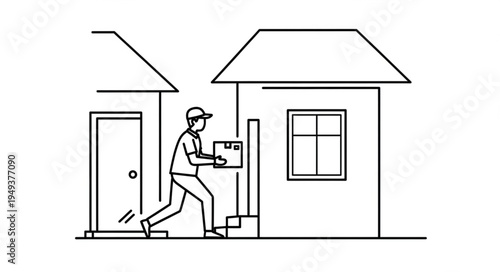 Delivery man carrying package to house in neighborhood.