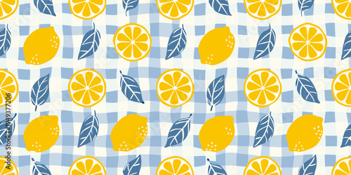 Bright lemon and leaf pattern on a blue and white checkered background
