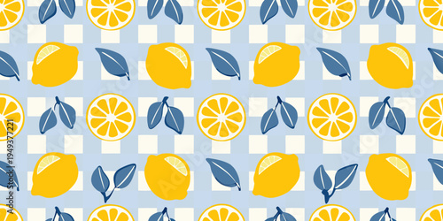 A seamless pattern of citrus fruits with leaves on a checkered background