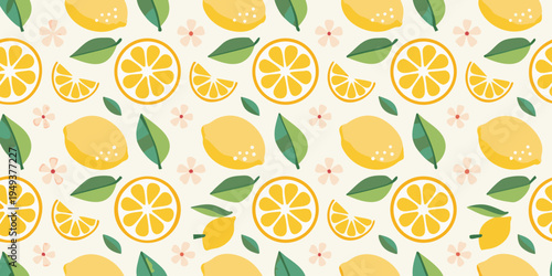 A bright and colorful pattern featuring lemons slices and green leaves