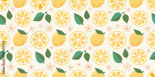 A seamless pattern of lemons lemon slices leaves and small flowers