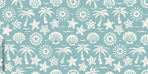 A repeating pattern of seashells palm trees and stars in teal
