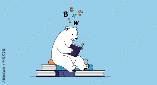 Whimsical illustration of a white polar bear sitting comfortably on a stack of books while reading an interesting story.