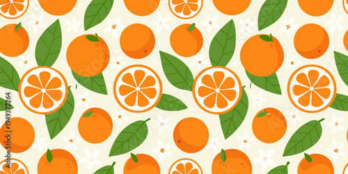 A seamless pattern featuring vibrant oranges cut slices and lush green leaves