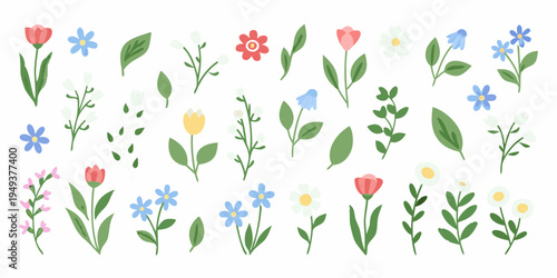 Colorful collection of whimsical hand drawn wildflowers and leafy green stems
