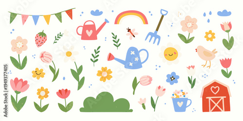 Colorful springtime garden illustration with flowers tools and charming details
