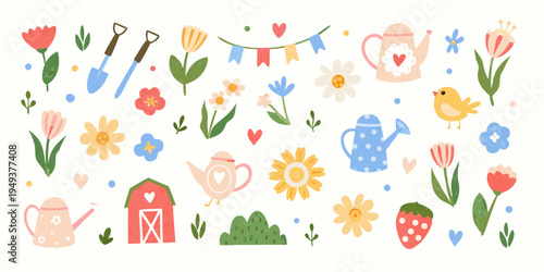 Colorful gardening illustration featuring flowers tools and whimsical garden elements