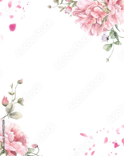 Elegant watercolor floral background featuring soft pink peonies and delicate buds in opposite corners. The design is accented with floating pink petals on a clean white backdrop, creating a romantic 
