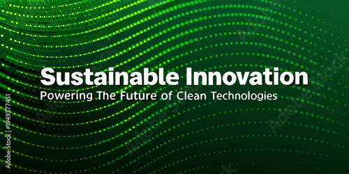 Abstract green waves with text promoting sustainable innovation and clean tech