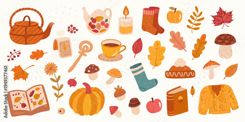 Autumn themed illustrations featuring pumpkins leaves and cozy fall objects