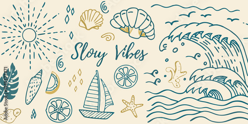 Hand drawn summer illustration featuring marine life and nautical elements