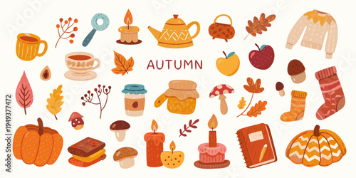 A colorful autumn collection featuring cozy objects and natural elements