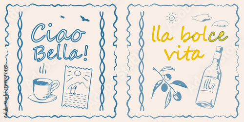 Italian phrases and sketches adorn two postcard style illustrations