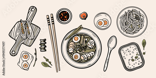 A flat lay illustration of asian noodle dishes and accompanying ingredients