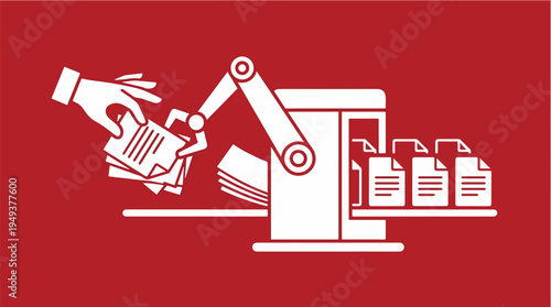 AI Automation Replacing Manual Office Work with Robotic Document Processing Machine and Organized Digital Files – Vector Illustration
