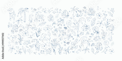 Whimsical blue line drawing of safari animals and tropical foliage
