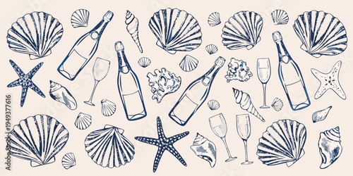 Sketch of seashells champagne bottles and glasses on a beige background