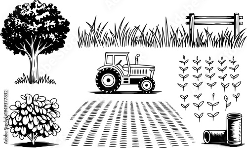 Black and White Farm Including Tractor Tree Grass Fence Seedlings and Field agriculture