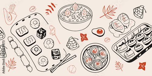 A collection of hand drawn sushi and accompanying elements on a beige background