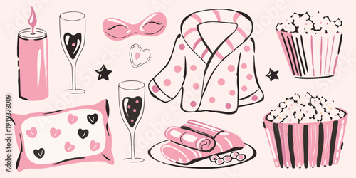 Relaxing night in champagne popcorn cozy robe and self care items