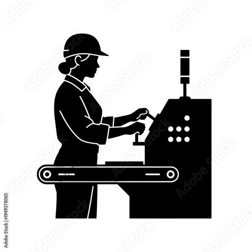 Worker operating industrial machinery on a production line in factory setting.