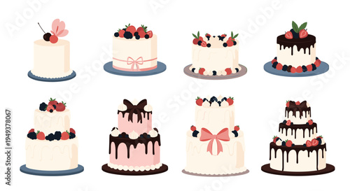 Extensive collection of beautifully decorated cakes and tiered desserts topped with fresh berries, chocolate, and ribbons.