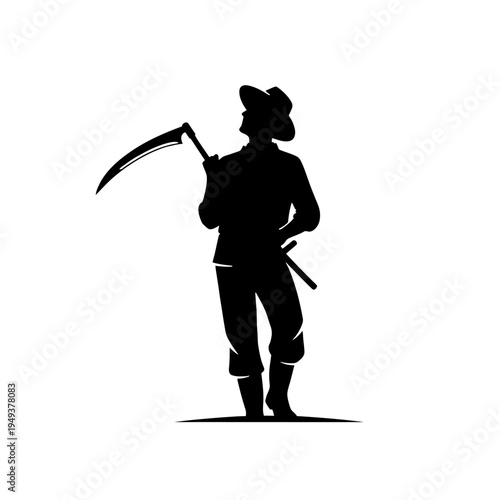 Silhouette of a man with a scythe in a rural stance at dusk and calm countryside.