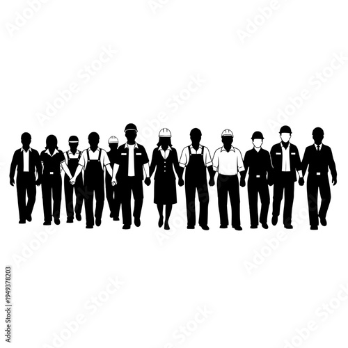 Group of silhouetted business professionals standing together in formal attire.