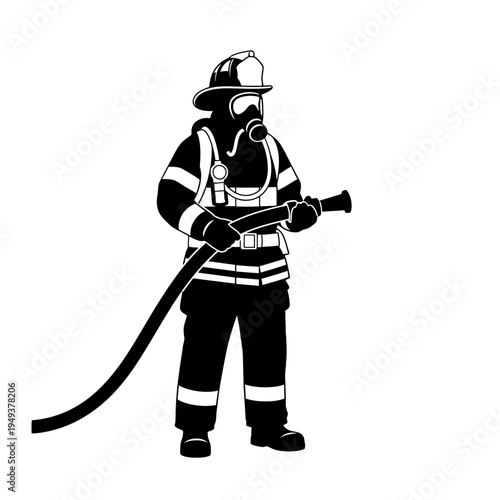 Silhouette of a firefighter in full gear holding a hose, ready for emergency response.